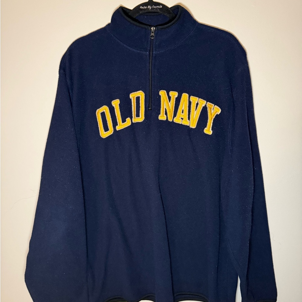 Vintage Old Navy Men's Fleece Quarter Zip-Up in Navy and Yellow